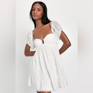 LULU’S CUTEST ICON EMBROIDERED OFF THE SHOULDER MINI DRESS